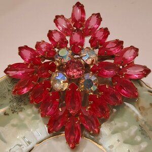 Vintage Rare Large Pink Faceted Navette Brooch Aurora Borealis AB Open Back